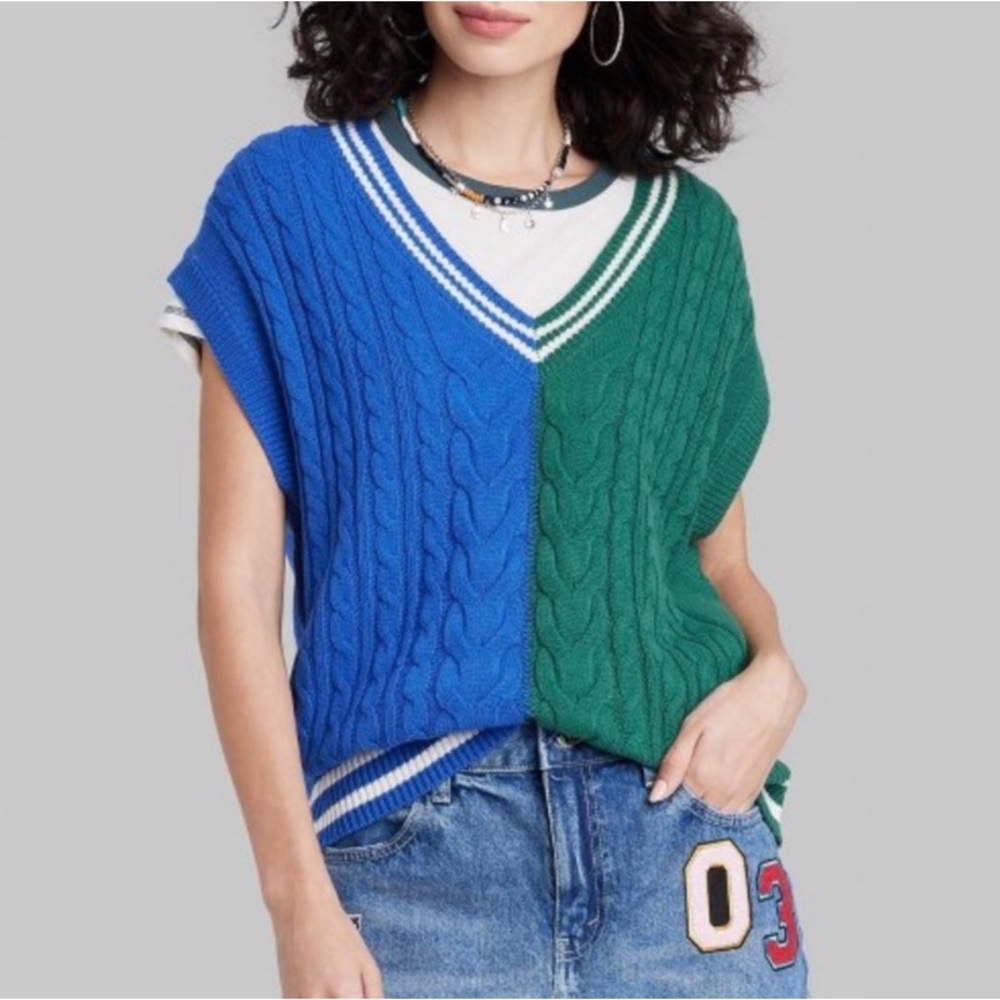 NWT Wild Fable Navy/Green Spliced Oversized Sweater Vest XL